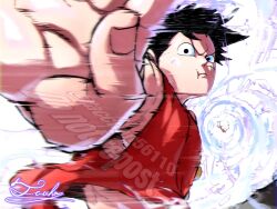  1boy aiming aiming_at_viewer black_hair clenched_hand commentary highres incoming_attack looking_at_viewer male_focus monkey_d._luffy one_piece red_shirt shirt short_hair signature solo tacchan56110 twitter_username wind 