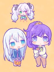  25-ji_miku 3girls :d asahina_mafuyu blue_eyes blue_hair blush bottle brown_pants candy chibi chibi_only closed_mouth commentary_request dot_nose double-parted_bangs food full_body green_eyes grey_hair hair_between_eyes halloween halloween_bucket hatsune_miku heterochromia holding holding_bottle holding_halloween_bucket long_hair multiple_girls open_mouth oyasumirakko pants ponytail project_sekai purple_hair simple_background smile standing twintails violet_eyes vocaloid wrapped_candy yellow_background yoisaki_kanade 