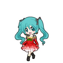  1girl aqua_eyes aqua_hair black_boots black_bow black_outline blush boots bow chibi chibi_only dress earrings full_body fur-trimmed_boots fur_trim game_asset gradient_clothes gradient_dress hatsune_miku hatsune_miku_graphy_collection holding_own_dress holly hoop_earrings jewelry long_hair long_sleeves looking_at_viewer open_mouth outline red_dress red_nails smile snowflake_print solo standing transparent_background twintails vocaloid 