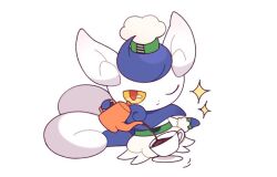  1girl belt blue_fur closed_mouth colored_sclera cup full_body furry furry_female green_belt kurumi_dangoo looking_at_viewer meowstic meowstic_(female) meowstic_(female)_(commemorative_chef) multiple_tails neck_fur one_eye_closed pokemon pokemon_(creature) pokemon_cafe_remix red_eyes simple_background solo sparkle standing tail teacup teapot two-tone_fur two_tails white_background white_fur yellow_sclera 
