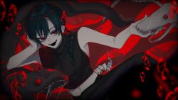  1other androgynous animal_skeleton bubble fangs frilled_shark green_hair holding holding_skull love_ka?_(vocaloid) midriff navel nijisanji official_art red_background red_eyes ryuushen second-party_source shark sitting skeleton skull smile solo teeth todoroki_kyouko_(artist) youtube_video_thumbnail 