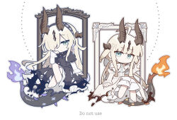  2girls absurdres ahoge black_dress blonde_hair crossed_legs dragon_girl dragon_horns dragon_tail dress empty_picture_frame english_text fire flame-tipped_tail full_body green_eyes hair_over_one_eye hairband highres horns invisible_chair isikishoku_akn long_sleeves multiple_girls one_eye_covered picture_frame print_hairband purple_fire siblings simple_background sisters sitting snowflake_print tail white_background white_dress 