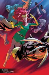  1girl 3boys arm_hair artist_name beast_(x-men) black_shorts blazer blue_fur boots claw_(weapon) clenched_teeth colored_sclera comic_cover cover cover_page cowl crossed_arms dress english_text eye_mask facial_hair fangs green_dress green_eyes highres jacket jean_grey jubilee kid_omega_(marvel) long_hair looking_down marvel marvel_girl mask matt_wilson multiple_boys muscular muscular_male official_art orange-tinted_eyewear parted_lips pink_hair pointy_ears red_background red_hair rolling_eyes russell_dauterman shirt short_hair shorts stubble superhero_costume t-shirt teeth tinted_eyewear undercut upside-down weapon western_comics_(style) wolverine_(x-men) x-men yellow_boots yellow_sclera 