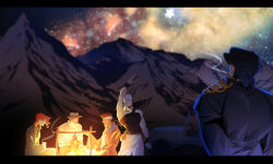  5boys asymmetrical_bangs black_coat black_hair black_hat black_tank_top brown_hat campfire car chain coat commentary cooking cup dark-skinned_male dark_skin dog earrings english_commentary fedora fire flattop gakuran green_coat hat high_collar highres iggy_(jojo) jean_pierre_polnareff jewelry jj_fgo48 jojo_no_kimyou_na_bouken joseph_joestar joseph_joestar_(old) kakyoin_noriaki kujo_jotaro letterboxed long_bangs long_sleeves male_focus mohammed_avdol motor_vehicle mountain multiple_boys night orange_robe peaked_cap red_hair robe school_uniform sky smoke smoking star_(sky) stardust_crusaders starry_sky tank_top tent white_hair 
