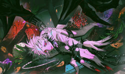  1boy absurdres black_nails blood braid chain collar collared_shirt commentary_request facial_tattoo fingernails food fork fruit highres knife long_fingernails looking_at_viewer lying male_focus medium_hair mura_karuki on_side open_mouth original pants pomegranate red_eyes shirt skeleton_hands solo spiked_collar spiked_wristband spikes tattoo teeth white_hair white_pants white_shirt 
