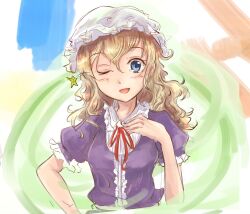  1girl :d blonde_hair blue_eyes blush check_commentary collared_dress commentary_request contrast_collar dress frilled_shirt_collar frilled_sleeves frills hand_on_own_chest hat highres long_hair maribel_hearn mob_cap neck_ribbon one_eye_closed open_mouth puffy_short_sleeves puffy_sleeves purple_dress red_ribbon ribbon sash short_sleeves smile solo touhou uwazumi white_hat white_sash 