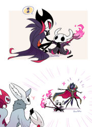  1girl 2boys 2others bano_akira blush cloak code_geass cosplay dual_persona fire grimm_(hollow_knight) grimm_(hollow_knight)_(cosplay) hollow_knight hollow_knight_(character) horned_mask hornet_(hollow_knight) horns knight_(hollow_knight) laughing lelouch_vi_britannia lelouch_vi_britannia_(cosplay) mask multiple_boys multiple_others nightmare_king_grimm_(hollow_knight) siblings simple_background sparkle sweat white_background white_cloak white_horns white_mask 
