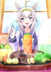  1girl ahoge animal_ears blue_eyes blush bow bowl bowtie broccoli carrot carrot_hamburger_steak chopsticks commentary_request ear_ornament food glutton grey_hair hair_between_eyes hair_ornament hairband holding holding_chopsticks horse_ears horse_girl long_hair long_sleeves multicolored_hair oguri_cap_(umamusume) open_mouth purple_sailor_collar purple_shirt rice rice_bowl sailor_collar sailor_shirt school_uniform shirt smile solo steaming_food tomato tracen_school_uniform umamusume white_bow white_bowtie yoshiharu_izumi 