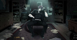  1boy belt black_gloves black_pants black_shirt book brick_wall chain chair collared_shirt commentary copyright_notice dinosaur_boy dinosaur_tail drawer elbow_rest english_commentary fingerless_gloves gloves holostars holostars_english indoors jurard_t_rexford jurard_t_rexford_(3rd_costume) male_focus official_alternate_costume official_art open_drawer pants paper papers_on_floor rug safe_(container) screetuber shelf shirt short_hair sitting sleeves_rolled_up solo spread_legs tail virtual_youtuber white_belt wooden_floor 