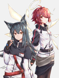  2girls ahoge animal_ear_fluff animal_ears arknights belt black_capelet black_gloves black_hair black_skirt brown_eyes budesonide capelet closed_mouth commentary detached_wings ear_piercing energy_wings exusiai_(arknights) fingerless_gloves gloves grey_background hair_between_eyes hair_over_one_eye halo hand_up highres id_card jacket long_hair long_sleeves looking_at_viewer multiple_girls pantyhose piercing red_belt red_eyes red_hair short_hair short_sleeves simple_background skirt smile texas_(arknights) untranslatable_commentary white_jacket wings wolf_ears wolf_girl 
