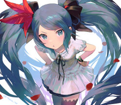  1girl :t aqua_eyes aqua_hair black_ribbon black_thighhighs bracelet commentary_request cowboy_shot dress eyebrows_hidden_by_hair feather_hair_ornament feathers hair_ornament hair_ribbon hands_on_own_hips hatsune_miku hatsune_miku_(supreme) ito_taera jewelry leaning_forward light_blush long_hair looking_at_viewer neck_ribbon petals pout red_feathers revision ribbon short_sleeves solo swept_bangs thigh-highs twintails twitter_username v-shaped_eyebrows very_long_hair vocaloid white_background white_dress world_is_mine_(vocaloid) 