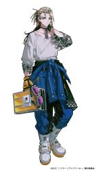  1boy absurdres black_choker blonde_hair blue_overalls braid brown_eyes choker commentary_request copyright_logo ear_piercing eyeliner face_piercing gloves goggles highres holding holding_suitcase logo long_hair long_sleeves makeup male_focus mura_karuki official_art orange_gloves original overalls piercing shirt shoes simple_background solo suitcase translation_request white_background white_shirt white_shoes 