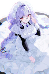  1girl :o absurdres adjusting_eyewear alternate_costume blush braid braided_twintails breasts commentary_request dress gem hand_up headdress highres large_breasts long_dress long_hair long_sleeves looking_at_viewer mole mole_under_eye multicolored_hair open_mouth pointy_ears purple_gem purple_hair red_eyes simple_background sitting solo sunglasses twin_braids twintails vivian_banshee white_background white_dress wzoarrylmovmuju zenless_zone_zero 
