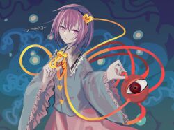  1girl black_hairband blue_shirt buttons collared_shirt commentary_request disembodied_linked_eye eyeball frilled_shirt_collar frilled_sleeves frills hair_ornament hairband heart heart_button heart_hair_ornament komeiji_satori long_sleeves looking_at_viewer pink_eyes pink_hair pink_skirt ribbon-trimmed_collar ribbon_trim shirt skirt solo touhou wide_sleeves yatsushiki_shigi 