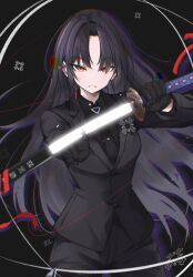  1girl black_background black_gloves black_hair black_necktie black_pants black_shirt black_vest closed_mouth collared_shirt commentary cowboy_shot fighting_stance formal_clothes frown gloves hana22 highres holding holding_sword holding_weapon katana limbus_company long_hair long_sleeves looking_at_viewer necktie pants project_moon ready_to_draw red_eyes ryoshu_(project_moon) sheath shirt solo sword unsheathing vest weapon 
