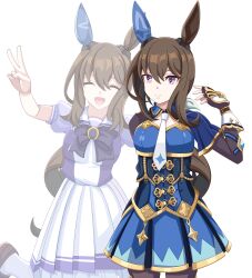  2girls absurdres admire_vega's_twin_sister_(umamusume) admire_vega_(starry_nocturne)_(umamusume) admire_vega_(umamusume) animal_ears asymmetrical_gloves black_pantyhose blue_eyes blush bow breasts clenched_hands closed_mouth commentary_request dress ear_covers ear_ornament facing_viewer gloves hair_between_eyes hair_ornament highres horse_ears horse_girl jewelry loafers looking_at_viewer medium_breasts medium_hair mismatched_gloves multiple_girls necklace official_alternate_costume open_mouth pantyhose pearl_necklace pink_hair pleated_skirt puffy_short_sleeves puffy_sleeves purple_bow purple_shirt sailor_collar sakura_chiyono_o_(fleur_enneigee)_(umamusume) sakura_chiyono_o_(umamusume) school_uniform shirt shoes short_sleeves simple_background single_ear_cover skirt sleeveless smile standing standing_on_one_leg summer_uniform thigh-highs tracen_school_uniform tree umamusume v white_skirt white_thighhighs xiaofeng 