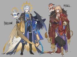  2boys absurdres aiguillette alternate_costume angel angel_wings animal animal_ears anklet antenna_hair arabian_clothes arm_at_side ascot belt black_belt black_cape black_gloves black_pants black_shoes black_vest black_wings blonde_hair blue_ascot blue_belt blue_coat blue_eyes braid bridal_legwear cape character_name chest_tattoo chimera_(honkai:_star_rail) closed_mouth clothed_animal coat collared_shirt commentary expressionless facial_tattoo feathered_wings full_body fur_scarf gloves gold_choker gold_necklace grey_background hair_between_eyes halo halo_behind_head hand_on_own_hip highres honkai:_star_rail honkai_(series) jewelry kemonomimi_mode lion_boy lion_ears lion_tail long_sleeves looking_at_viewer male_focus medium_hair multiple_boys multiple_rings multiple_wings mydei_(fig_stew)_(honkai:_star_rail) mydei_(honkai:_star_rail) necklace offering_hand pants papajay_(jennygin2) parted_lips phainon_(honkai:_star_rail) phainon_(vigethos)_(honkai:_star_rail) puffy_pants purple_sash red_cape red_robe red_tattoo ring robe sash shirt shoes short_hair side-by-side side_braid side_part simple_background sleeve_cuffs smile standing tail tattoo thigh_strap toeless_legwear torn_cape torn_clothes turban two-sided_cape two-sided_fabric untranslatable_commentary v-shaped_eyebrows vest waist_sash white_hair white_shirt white_wings wings yellow_cape yellow_eyes yellow_pupils yellow_wings 