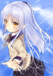  1girl absurdres angel_beats! black_skirt blush closed_mouth collared_shirt commentary_request cowboy_shot eyes_visible_through_hair floating_hair from_side hair_between_eyes hand_up highres jacket long_hair long_sleeves looking_at_viewer miniskirt neck_ribbon niseneko_(mofumofu_ga_ienai) outstretched_hand pleated_skirt ponytail reaching reaching_towards_viewer ribbon ripples school_uniform shirt short_ponytail sidelocks signature skirt smile solo straight_hair tachibana_kanade water white_hair white_shirt yellow_eyes yellow_jacket yellow_ribbon 