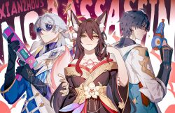  1girl 2boys ? animal_ear_fluff animal_ears bare_shoulders black_dress black_gloves black_hair black_shirt blue_coat brown_hair chinese_commentary closed_mouth coat commentary_request dan_heng_(honkai:_star_rail) dan_heng_(hunt)_(honkai:_star_rail) dress earrings elbow_gloves energy_gun feathered_wings finger_on_trigger fox_ears fox_girl fugue_(honkai:_star_rail) gloves gold_earrings gradient_hair green_coat green_eyes grey_hair gun hair_between_eyes hair_ornament halo halo_behind_head hand_in_own_hair hand_up hands_up head_wings holding holding_gun holding_weapon honkai:_star_rail honkai_(series) jewelry long_hair looking_ahead looking_at_viewer medium_hair multicolored_coat multicolored_hair multiple_boys off_shoulder purple_shirt ray_gun red_hair ring scarf shirt short_hair signature smile sparkle spiked_halo sunday_(honkai:_star_rail) sunglasses three-quarter_sleeves tingyun_(honkai:_star_rail) tooaya two-tone_coat upper_body weapon white_coat white_scarf white_wings wide_sleeves wings 