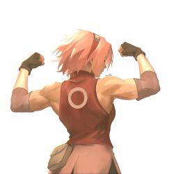  1girl bad_source black_gloves elbow_sleeve forehead_protector gloves haruno_sakura highres konohagakure_symbol muscular muscular_female naruto_(series) naruto_shippuuden ninja pink_hair short_hair simple_background white_background 