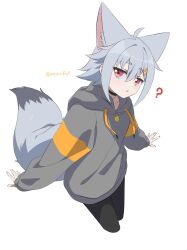  1girl :o ? animal_ear_fluff animal_ears black_pantyhose choker commentary cropped_legs extra_ears flat_chest fox_ears fox_girl fox_tail grey_hair grey_hoodie hair_between_eyes hair_ornament hairclip head_tilt highres hood hood_down hoodie minowa_sukyaru miwa_kitsune-chan open_mouth original pantyhose red_eyes short_hair sidelocks simple_background sleeves_past_wrists solo tail twitter_username untranslatable_commentary white_background 