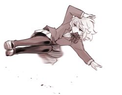  1girl blazer bow bowtie collared_shirt dust expressionless expressionless_kouhai_(kato_takuji) flying_kick highres jacket jitome jumping kato_takuji kicking long_sleeves midair motion_blur motion_lines original pantyhose school_uniform sepia shirt shoes short_hair skirt solo speed_lines 