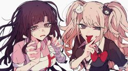  2girls apron bandaged_arm bandages bear_hair_ornament black_shirt blonde_hair blunt_ends bow chestnut_mouth commentary danganronpa:_trigger_happy_havoc danganronpa_(series) danganronpa_2:_goodbye_despair enoshima_junko frown grey_eyes hair_ornament highres long_hair looking_at_viewer multiple_girls natsuneco_02 necktie open_mouth pink_shirt purple_hair red_bow shaded_face shirt sidelocks simple_background sleeves_rolled_up sweat tearing_up tongue tsumiki_mikan twintails upper_body v v_over_mouth white_background white_necktie 