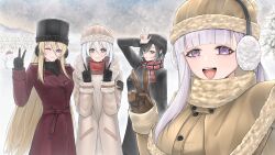  4girls :d ;) azur_lane bismarck_(azur_lane) black_coat black_gloves black_hat blonde_hair blue_eyes brown_coat brown_gloves checkered_clothes checkered_scarf coat double_v earmuffs gloves gradient_hair hand_up hat highres multicolored_hair multiple_girls one_eye_closed outdoors plymouth_(azur_lane) purple_hair red_coat red_scarf scarf selfie short_hair single_sidelock smile snow snowman tirpitz_(azur_lane) ulrich_von_hutten_(azur_lane) v violet_eyes w white_hair winter_clothes xuwasoo yellow_eyes 