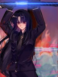  1girl arms_up black_gloves black_hair black_jacket black_necktie black_pants black_shirt blood blood_from_eyes blood_on_clothes blood_on_face collared_shirt commentary_request cowboy_shot fire glint glitch gloves holding holding_above_head holding_sword holding_weapon indoors jacket limbus_company long_hair long_sleeves necktie nosebleed nyo_meru ootachi pants parted_bangs parted_lips pinky_(identity)_(project_moon) project_moon red_eyes ryoshu_(project_moon) sheath shirt sidelocks solo suit sword unsheathing very_long_hair weapon 