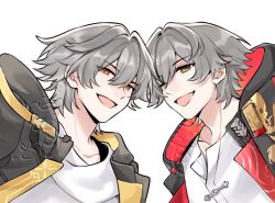  2boys black_jacket caelus_(honkai:_star_rail) caelus_(vim_and_vigor)_(honkai:_star_rail) chinese_clothes chinese_commentary collarbone commentary_request dragon_print dual_persona grey_hair hair_between_eyes honkai:_star_rail honkai_(series) hood hooded_jacket jacket lapels leonrui looking_at_viewer male_focus multiple_boys official_alternate_costume one_eye_closed open_clothes open_jacket open_mouth red_jacket shirt short_hair simple_background smile t-shirt tangzhuang tassel tongue trailblazer_(honkai:_star_rail) two-sided_fabric two-sided_jacket upper_body watermark white_background white_shirt yellow_eyes yellow_jacket 
