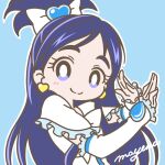 1girl artist_name blue_background blue_eyes blue_hair bow cure_white dress earrings frills futari_wa_precure futari_wa_precure_max_heart hair_bow half_updo heart heart_earrings highres jewelry long_hair looking_at_viewer magical_girl mayena pale_skin pose precure simple_background smile solo upper_body yukishiro_honoka