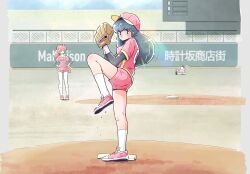  3girls baseball_cap baseball_jersey baseball_mitt baseball_stadium baseball_uniform beer_bottle black_hair hand_fan hat highres ichinose_hanae jersey leg_lift long_hair maison_ikkoku multiple_girls nyx666 on_ground otonashi_kyouko pink_shoes ponytail red_hair roppongi_akemi shoes short_sleeves socks sportswear white_socks 
