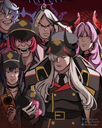  5girls absurdres ako_(blue_archive) black_horns blonde_hair blue_archive breasts camera chiaki_(blue_archive) curved_horns demon_girl demon_horns digital_camera grey_hair hair_over_one_eye halo hat highres hina_(blue_archive) holding holding_camera horns ibuki_(blue_archive) iroha_(blue_archive) long_hair makoto_(blue_archive) meme muekthianart multiple_girls multiple_horns necktie pandemonium_society_(blue_archive) peaked_cap pink_hair pointy_ears purple_halo red_hair satsuki_(blue_archive) teeth viltrumite_group_shot_(meme) yellow_halo 