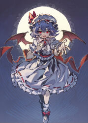  1girl back_bow bat_wings blue_hair bow brooch chinese_commentary collared_shirt commentary_request footwear_bow frilled_shirt_collar frilled_skirt frilled_wrist_cuffs frills full_body hat hat_bow highres jewelry looking_at_viewer mob_cap open_mouth red_bow red_eyes red_wrist_cuffs remilia_scarlet ribbon-trimmed_skirt ribbon_trim shirt shishui_guima shoes skirt skirt_set smile socks solo touhou white_hat white_shirt white_shoes white_skirt white_socks wings wrist_cuffs 