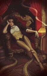  1girl 3others black_hair black_jacket black_panties black_shoes blazer book book_stack bow bowtie candle commentary corset curtains dc_comics english_commentary fingernails fishnet_pantyhose fishnets gloves grin high_heels highres jacket jswayart lamp looking_at_viewer monster multiple_others panties pantyhose realistic saliva sharp_fingernails shirt shoes sitting skull smile smoke solo_focus tentacles underwear white_bow white_bowtie white_gloves white_shirt yellow_corset zatanna_zatara 