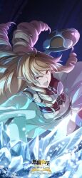  1girl absurdres ahoge armpits blonde_hair casting_spell commentary_request drill_hair elf elinalise_dragonroad fighting food highres holding holding_food holding_shield holding_weapon ice indoors midriff mushoku_tensei navel official_art open_mouth pointy_ears promotional_art shield solo sword weapon 
