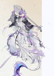  1girl absurdres arknights black_jacket commentary_request dragon_girl dragon_horns dragon_tail dress flower full_body gloves highres holding holding_instrument horns instrument jacket jun_(arknights) lin_qing_(phosphorus_1104) long_hair long_sleeves open_clothes open_jacket pillarboxed pointy_ears purple_flower purple_gloves purple_hair sketch solo tail violet_eyes white_dress wide_sleeves 