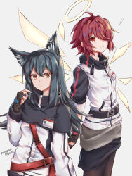  2girls ahoge animal_ear_fluff animal_ears arknights belt black_capelet black_gloves black_hair black_skirt brown_eyes budesonide capelet closed_mouth commentary detached_wings ear_piercing energy_wings exusiai_(arknights) fingerless_gloves gloves grey_background hair_between_eyes hair_over_one_eye halo hand_up highres id_card jacket long_hair long_sleeves looking_at_viewer multiple_girls pantyhose piercing red_belt red_eyes red_hair short_hair short_sleeves simple_background skirt smile texas_(arknights) untranslatable_commentary white_jacket wings wolf_ears wolf_girl 