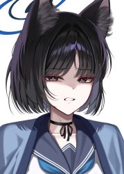  1girl absurdres animal_ears black_eyes black_hair blue_archive blue_halo blue_haori blue_neckerchief cat080805 cat_ears cat_girl colored_inner_animal_ears commentary_request halo haori highres japanese_clothes kikyou_(blue_archive) kimono_on_shoulders looking_at_viewer neckerchief short_hair solo teeth white_background 