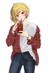  1girl alternate_costume bangs blonde_hair blue_pants blush casual cowboy_shot cup denim drinking drinking_glass drinking_straw earrings hievasp highres holding holding_cup hololive hololive_indonesia ice ice_cube jacket jeans jewelry kaela_kovalskia long_sleeves looking_at_viewer medium_hair off_shoulder pants plaid plaid_jacket shirt solo virtual_youtuber watch watch white_background white_shirt 