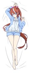  1girl alternate_costume animal_ears arm_up asagi501 bare_legs barefoot blue_eyes blue_jacket blue_shorts brown_hair commentary_request dakimakura_(medium) flat_chest frilled_shirt frills full_body hair_ribbon hand_up horse_ears horse_girl horse_tail jacket long_hair long_sleeves lying messy_hair multicolored_hair on_back open_clothes open_jacket pink_ribbon ribbon shirt short_shorts shorts simple_background solo streaked_hair tail tokai_teio_(umamusume) two-tone_hair umamusume very_long_hair white_background white_hair white_shirt 