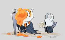  bano_akira black_eyes black_skin broken_vessel_(hollow_knight) cloak colored_skin everbloom_(hollow_knight) flower grey_background grey_cloak hollow_eyes hollow_knight horned_mask knight_(hollow_knight) mask nail_(hollow_knight) old_nail_(hollow_knight) orange_eyes white_flower white_mask 