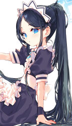  1girl apron arikawa_satoru aris_(blue_archive) aris_(maid)_(blue_archive) black_dress black_hair black_wrist_cuffs blue_archive blue_eyes blue_halo commentary_request dress from_side halo highres long_hair looking_at_viewer maid maid_apron maid_headdress official_alternate_costume parted_bangs ponytail puffy_sleeves rectangular_halo ribbon ringed_eyes short_sleeves solo very_long_hair white_apron white_ribbon wrist_cuffs 