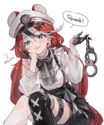  1girl animal_ears ascot asymmetrical_legwear black_bow black_bowtie black_gloves black_shorts black_streaks black_thighhighs blue_eyes bow bowtie closed_mouth commentary_request cuffs double-parted_bangs ears_through_headwear english_text extra_ears frilled_shirt frills gloves grey_ascot grin hair_between_eyes hakos_baelz hakos_baelz_(steel_rose) half_gloves handcuffs hat head_rest high-waist_shorts highres holding holding_handcuffs hololive hololive_english knees_together_feet_apart long_hair long_sleeves looking_at_viewer low_twintails mismatched_legwear mouse_ears mouse_girl multicolored_hair official_alternate_costume official_alternate_hairstyle peaked_cap puffy_long_sleeves puffy_sleeves red_hair sharp_teeth shirt shorts simple_background sitting smile solo speech_bubble streaked_hair suspender_shorts suspenders teeth thigh-highs thigh_strap torn_clothes torn_thighhighs torokko twintails very_long_hair virtual_youtuber white_background white_hat white_shirt white_streaks white_thighhighs 
