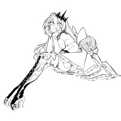  1girl absurdres back_bow baobhan_sith_(fate) baobhan_sith_(first_ascension)_(fate) bare_shoulders boots bow closed_mouth detached_sleeves dress earrings elbow_rest fate/grand_order fate_(series) full_body head_rest high_heel_boots high_heels highres jewelry lace-up_boots large_bow long_hair looking_at_viewer monochrome platform_boots platform_heels pointy_ears simple_background sitting sleeveless sleeveless_dress sleeves_past_wrists solo stud_earrings tetro_mino361 thigh_boots tiara white_background 