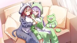  2girls animal_costume arm_hug brown_hair cheek_poking chisaka_airi couch crescent crescent_hair_ornament eepy_sleepy frog frog_costume hair_ornament highres kghazir looking_at_another multiple_girls one_eye_closed onesie pacifier phase_connect poking purple_hair sitting smile star_(symbol) star_hair_ornament violet_eyes wolf wolf_costume yellow_eyes 
