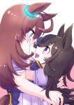  2girls animal_ears blue_eyes blue_headwear blush brown_hair face-to-face fascinator hair_over_one_eye hands_on_another&#039;s_face hat height_difference highres horse_ears horse_girl horse_tail long_hair looking_at_another mihono_bourbon_(umamusume) mokamikamo multiple_girls pleated_skirt puffy_short_sleeves puffy_sleeves purple_shirt purple_skirt rice_shower_(umamusume) school_uniform shirt short_sleeves skirt tail tilted_headwear tracen_school_uniform umamusume violet_eyes 