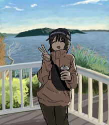  1girl bag beanie black_hair blue_sky brown_jacket closed_eyes cup disposable_coffee_cup disposable_cup dot_nose hat holding holding_cup island jacket lake open_mouth original outdoors pants railing sky solo standing umi_ha_kirai v 