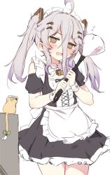  1girl @_@ ahoge apron black_dress blush bow breasts cube dress gradient_hair green_bow grey_hair hair_between_eyes henya_the_genius highres indie_virtual_youtuber jewelry long_bangs long_hair maid_apron maid_day maid_headdress multicolored_hair necklace open_mouth orobou purple_hair scared small_breasts tail tail_bow tail_ornament twintails virtual_youtuber white_wrist_cuffs wrist_cuffs yellow_eyes 