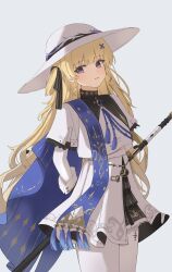  1girl absurdres blonde_hair blue_cape cape commentary congroo cowboy_shot dress gloves hair_ornament hat highres layered_sleeves long_hair long_sleeves looking_at_viewer pantyhose phoebe_(wuthering_waves) ribbon shirt short_over_long_sleeves short_sleeves simple_background smile solo standing sun_hat tacet_mark_(wuthering_waves) very_long_hair violet_eyes white_background white_dress white_hat white_pantyhose wuthering_waves x_hair_ornament 